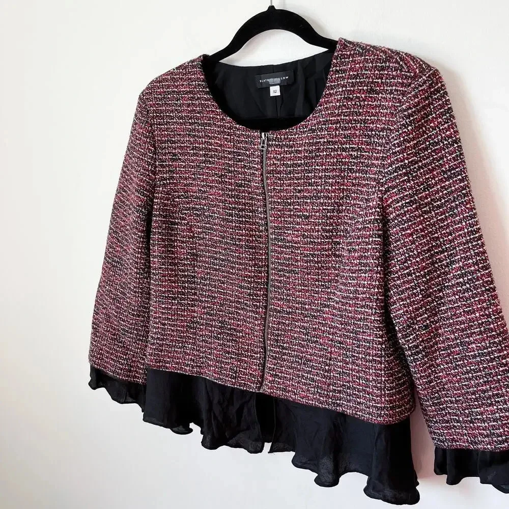 Slate &‎ Willow Tweed Ruffle Trim Peplum Jacket Blazer Zip Size 12 Career Work